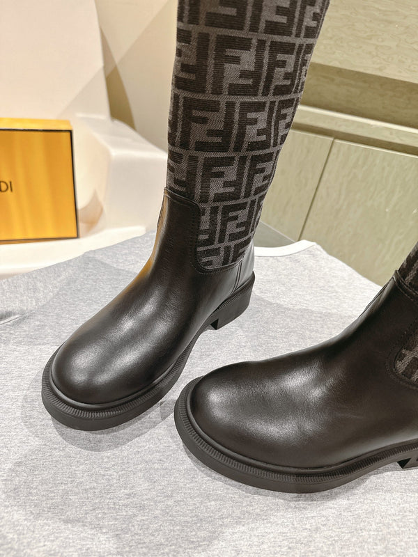 Fendi Long Boots F Pattern Black Cowhide 463749