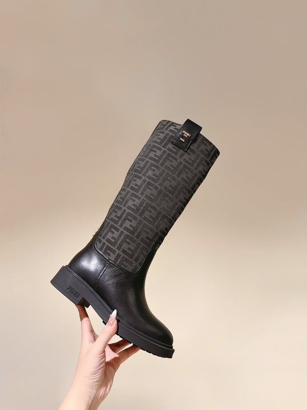 Fendi Long Boots F Pattern Black Cowhide 463749