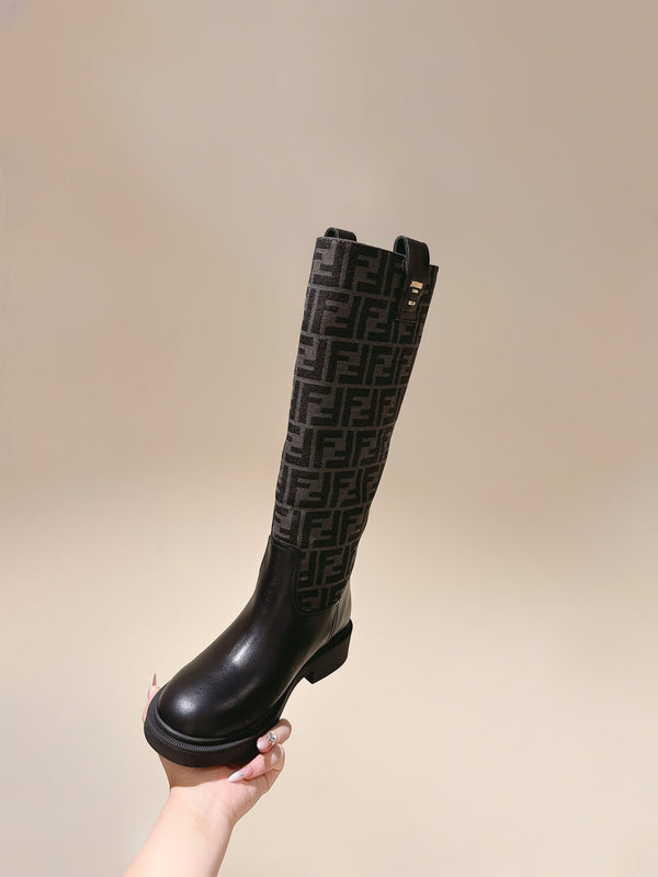 Fendi Long Boots F Pattern Black Cowhide 463749