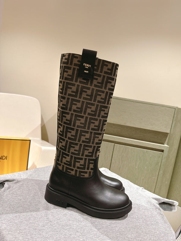 Fendi Long Boots F Pattern Black and Brown Cowhide 463748