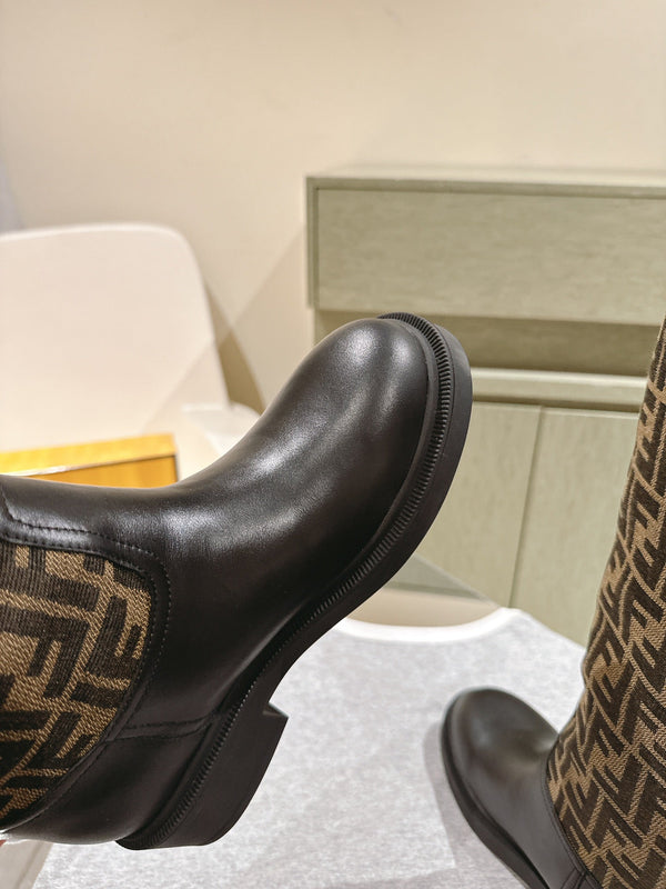 Fendi Long Boots F Pattern Black and Brown Cowhide 463748