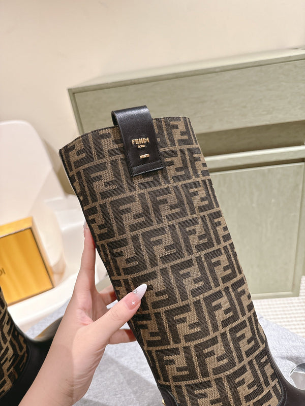 Fendi Long Boots F Pattern Black and Brown Cowhide 463748