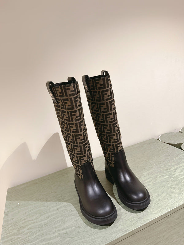 Fendi Long Boots F Pattern Black and Brown Cowhide 463748