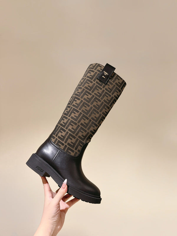 Fendi Long Boots F Pattern Black and Brown Cowhide 463748