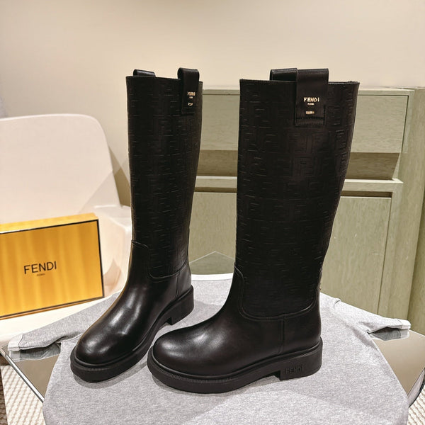Fendi Long Boots F Embossed Pattern Black Cowhide 463747