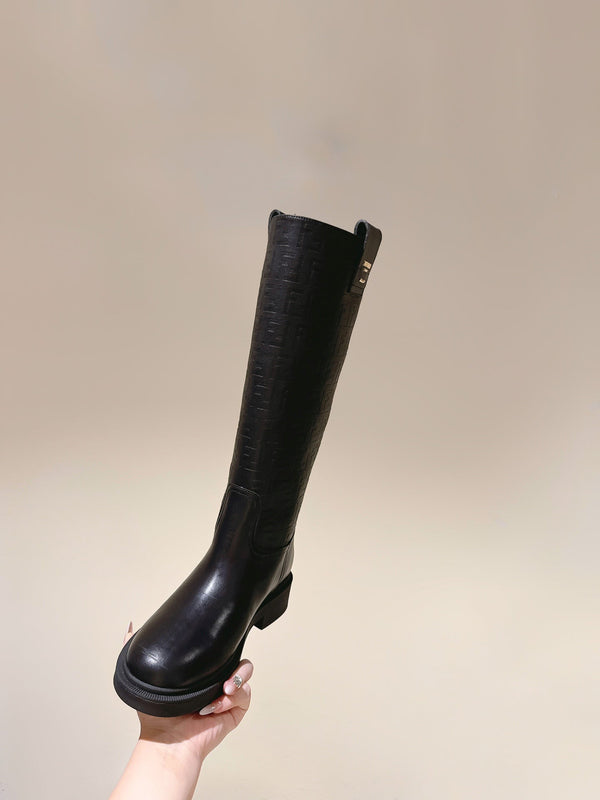 Fendi Long Boots F Embossed Pattern Black Cowhide 463747