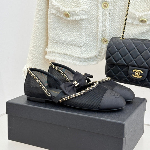 CC 25P Hollow Chain Bow Mary Janes Black Mesh 473301