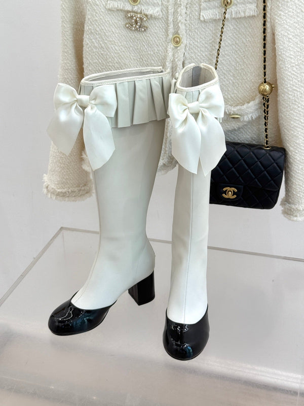 CC 25A Pleated-Collar Bow-Tie Stretch High Boots White Lambskin 473358