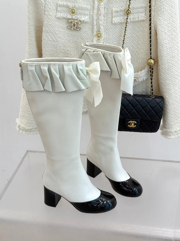 CC 25A Pleated-Collar Bow-Tie Stretch High Boots White Lambskin 473358