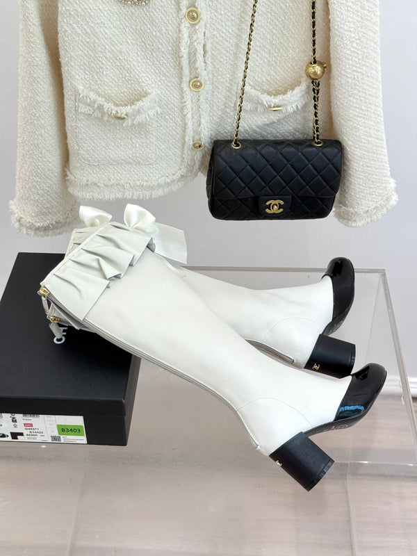 CC 25A Pleated-Collar Bow-Tie Stretch High Boots White Lambskin 473358