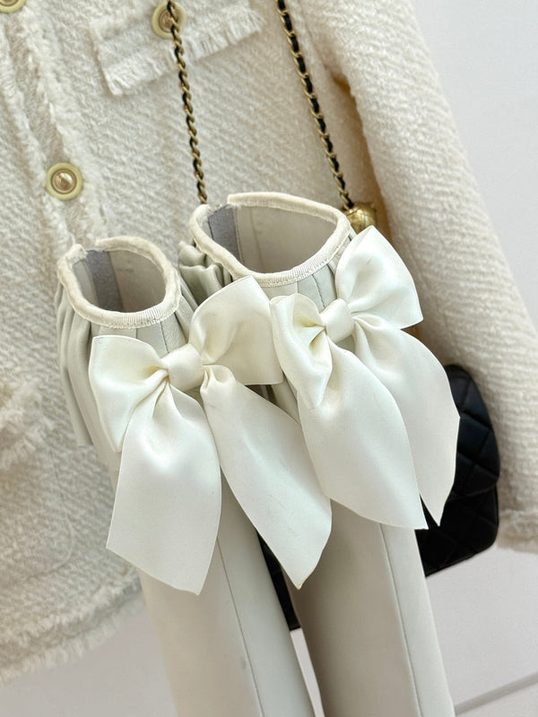 CC 25A Pleated-Collar Bow-Tie Stretch High Boots White Lambskin 473358