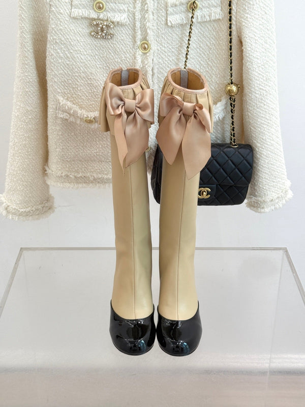 CC 25A Pleated-Collar Bow-Tie Stretch High Boots Beige Lambskin 473357