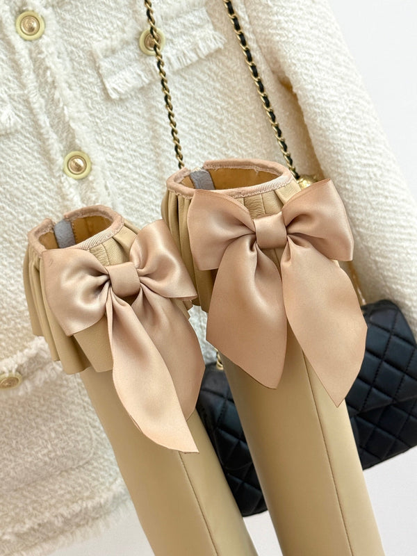 CC 25A Pleated-Collar Bow-Tie Stretch High Boots Beige Lambskin 473357