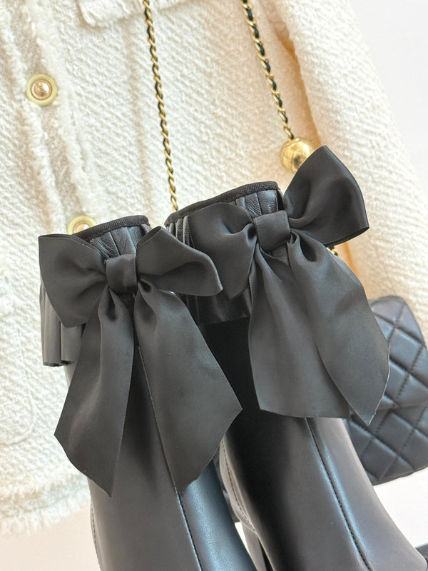 CC 25A Pleated-Collar Bow-Tie Stretch Ankle Boots Black Lambskin 473355