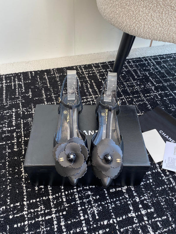 CC 25C Camellia Mid-Back Sandals Black Lambskin With Flower 473434