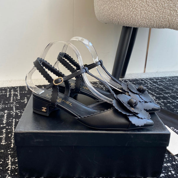 CC 25C Camellia Mid-Back Sandals Black Lambskin With Flower 473434