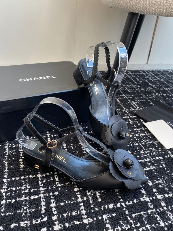 CC 25C Camellia Mid-Back Sandals Black Lambskin With Flower 473434