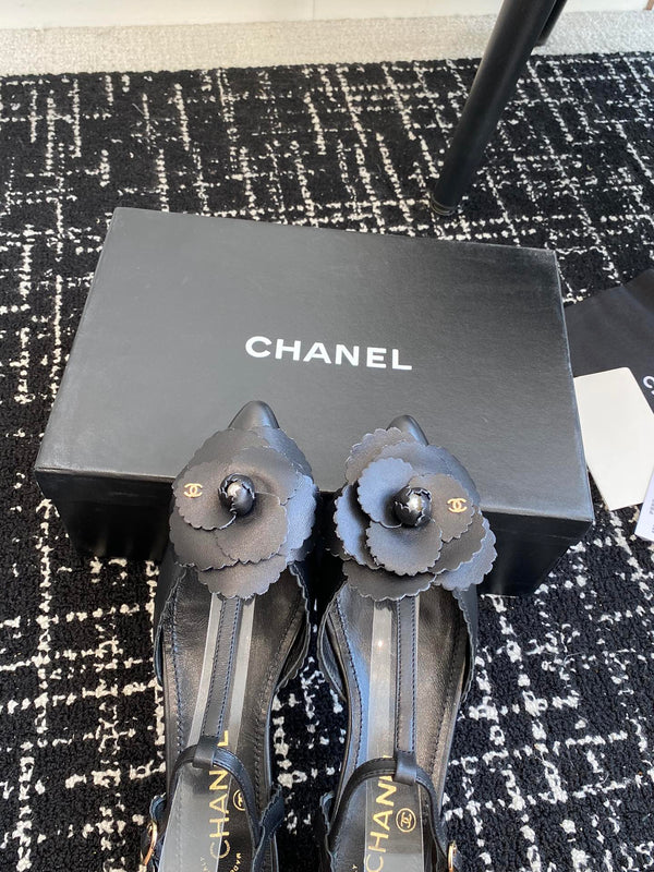 CC 25C Camellia Mid-Back Sandals Black Lambskin With Flower 473434