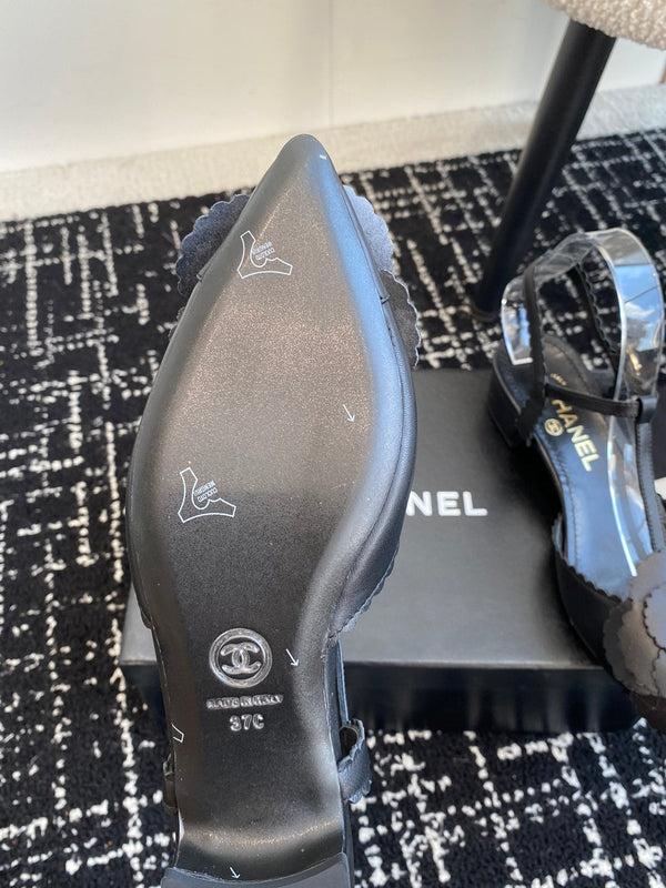 CC 25C Camellia Mid-Back Sandals Black Lambskin With Flower 473434