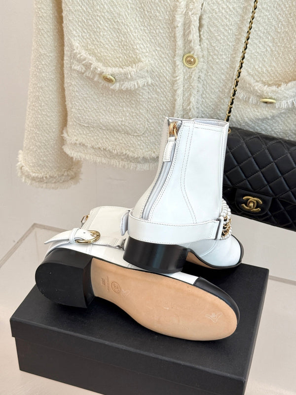 CC Classic Pearl Chain Colorblock Block Heel Ankle Boots White Lambskin 473318