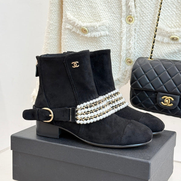CC Classic Pearl Chain Colorblock Block Heel Ankle Boots Black Suede 473317