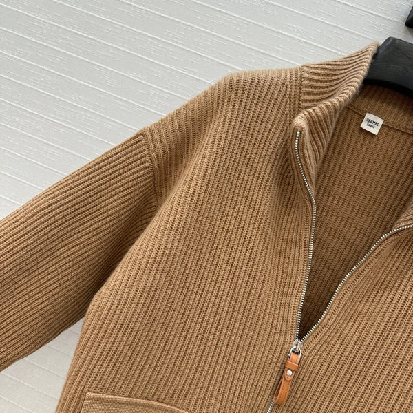 Giacca con cerniera HM 25S e tasche in pelle H in cashmere marrone 305010