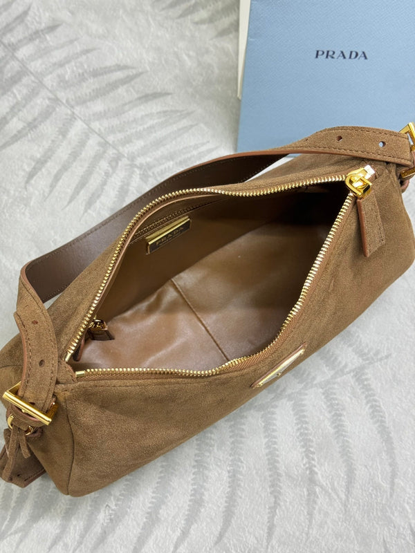 Pra 1BC229 Aimee Underarm Hobo Bag 31cm Brown Suede 267539