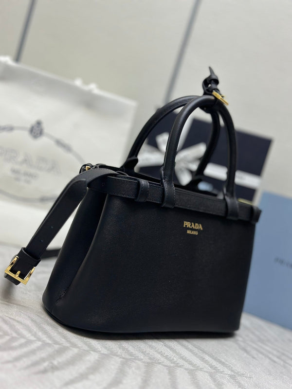 Pra 1BA418 Small Shopping Double Bag 28cm Black Cowhide 267523