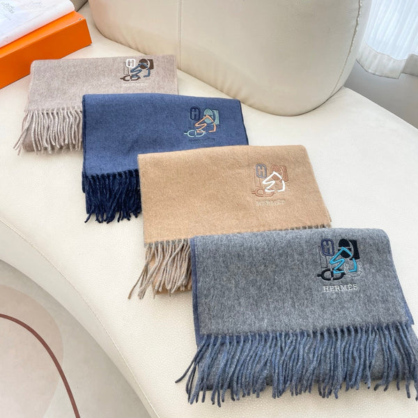 HM 25 Double- Sided Small H Puzzle Scarf 180cm Cashmere Marble Blue Navy Blue 825643