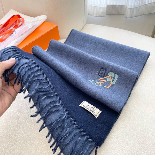 HM 25 Double- Sided Small H Puzzle Scarf 180cm Cashmere Marble Blue Navy Blue 825643