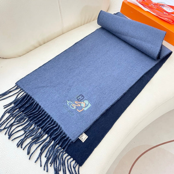 HM 25 Double- Sided Small H Puzzle Scarf 180cm Cashmere Marble Blue Navy Blue 825643
