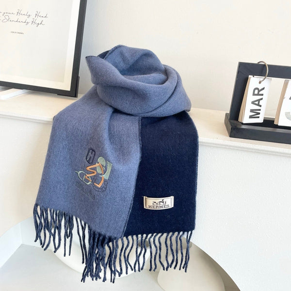 HM 25 Double- Sided Small H Puzzle Scarf 180cm Cashmere Marble Blue Navy Blue 825643