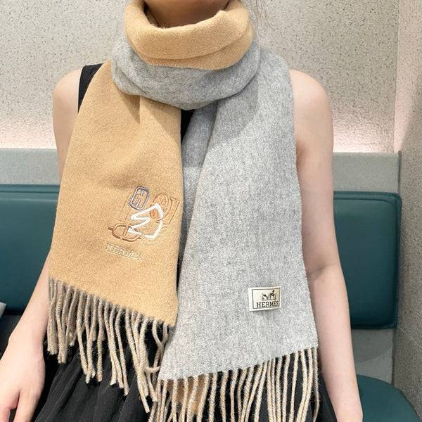 Sciarpa HM 25 Double-face Small H Puzzle 180cm Cashmere Cammello Grigio 825642