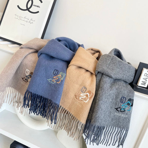 Sciarpa HM 25 Double-face Small H Puzzle 180cm Cashmere Cammello Grigio 825642