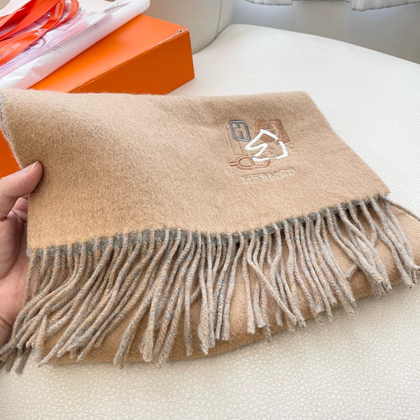 Sciarpa HM 25 Double-face Small H Puzzle 180cm Cashmere Cammello Grigio 825642