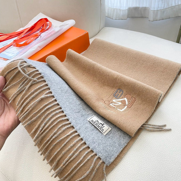 Sciarpa HM 25 Double-face Small H Puzzle 180cm Cashmere Cammello Grigio 825642