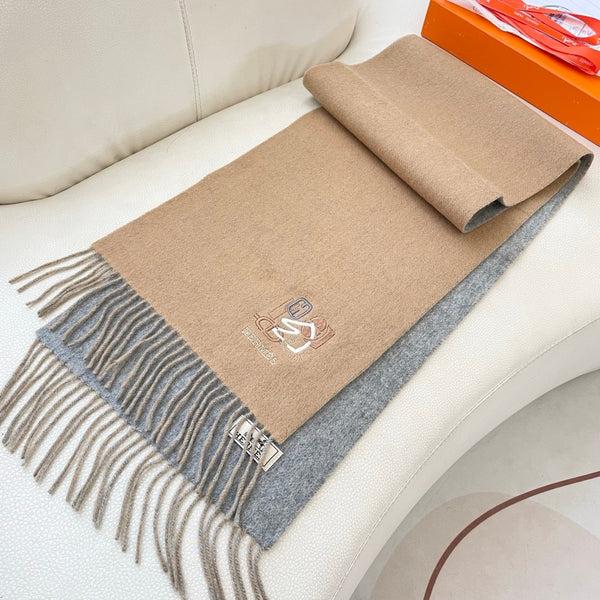 Sciarpa HM 25 Double-face Small H Puzzle 180cm Cashmere Cammello Grigio 825642