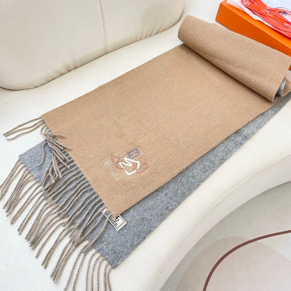 Sciarpa HM 25 Double-face Small H Puzzle 180cm Cashmere Cammello Grigio 825642