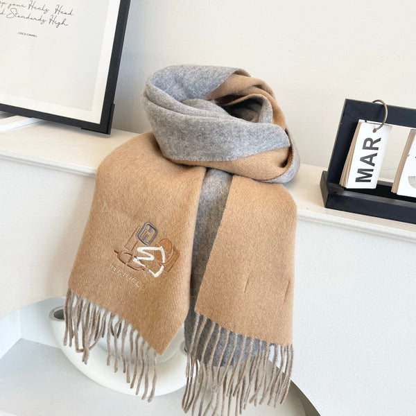 Sciarpa HM 25 Double-face Small H Puzzle 180cm Cashmere Cammello Grigio 825642