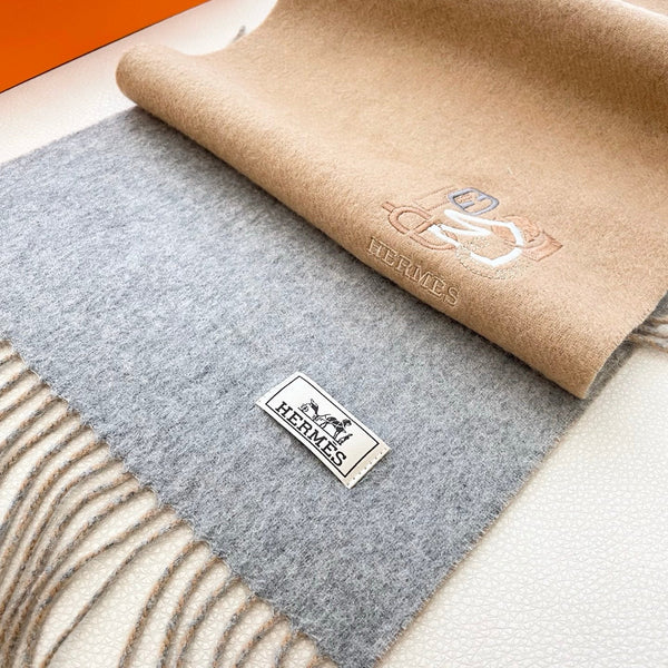 Sciarpa HM 25 Double-face Small H Puzzle 180cm Cashmere Cammello Grigio 825642