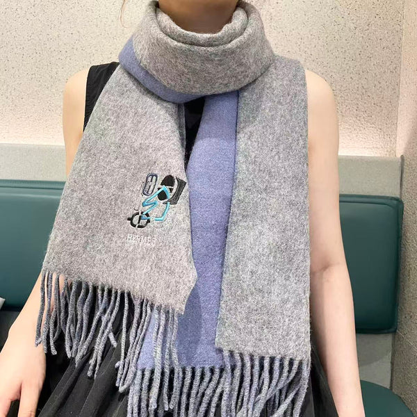 HM 25 Double- Sided Small H Puzzle Scarf 180cm Cashmere Mottled Gray Marble Blue 825641