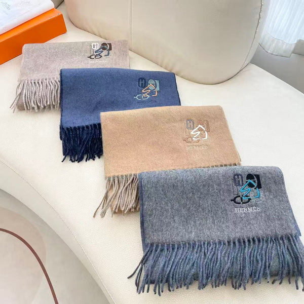 HM 25 Double- Sided Small H Puzzle Scarf 180cm Cashmere Mottled Gray Marble Blue 825641