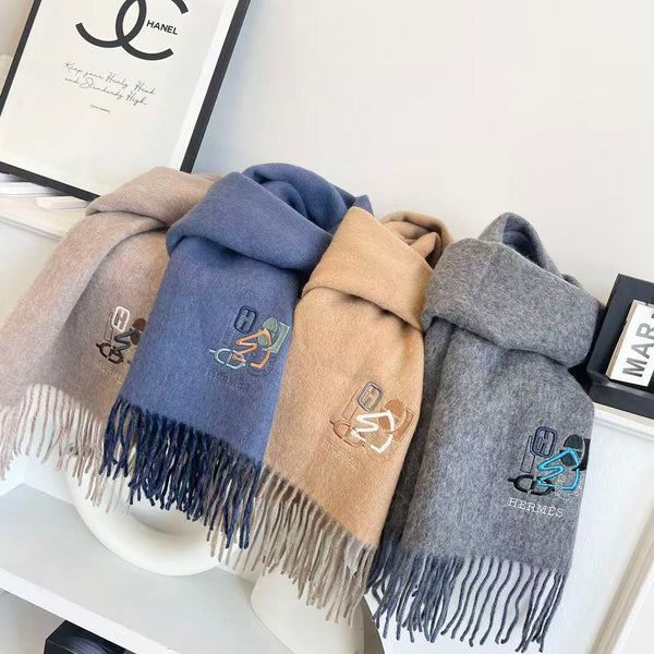 HM 25 Double- Sided Small H Puzzle Scarf 180cm Cashmere Mottled Gray Marble Blue 825641