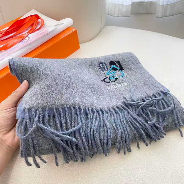 HM 25 Double- Sided Small H Puzzle Scarf 180cm Cashmere Mottled Gray Marble Blue 825641