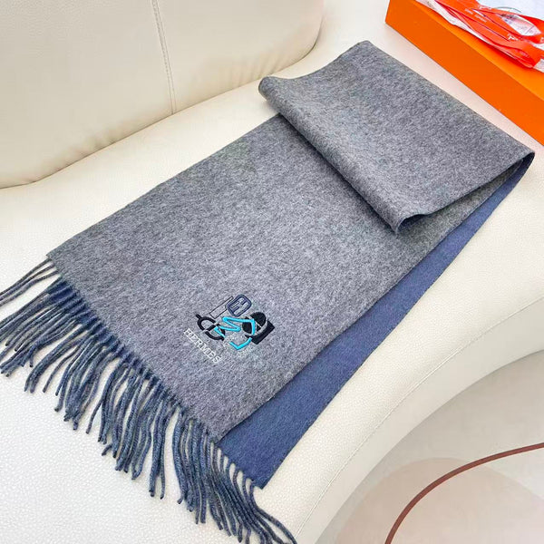 HM 25 Double- Sided Small H Puzzle Scarf 180cm Cashmere Mottled Gray Marble Blue 825641