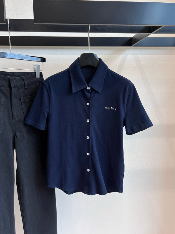 Miumiu Short-Sleeve Shirt Navy Blue Cotton