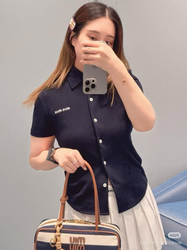 Miumiu Short-Sleeve Shirt Navy Blue Cotton
