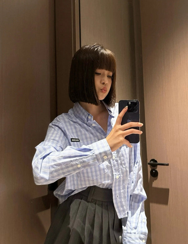 Miumiu Long-Sleeve Stripped Shirt Cloud Blue Cotton