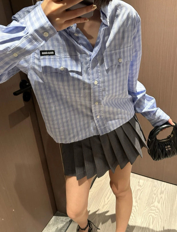 Miumiu Long-Sleeve Stripped Shirt Cloud Blue Cotton