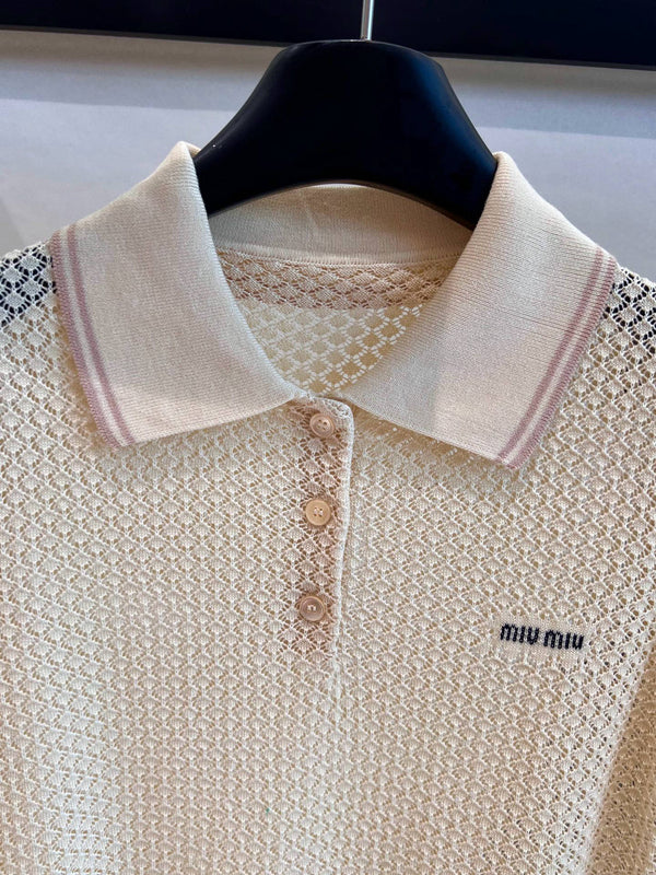 Miumiu Short-Sleeve Knitted Wool Cream Polo Shirt